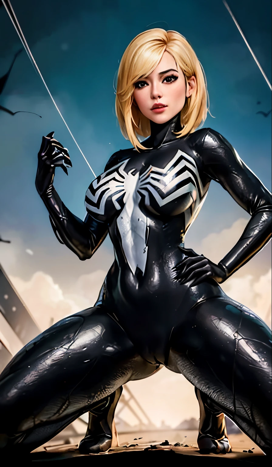 4K,realisticlying,Glamorous,The very detailed,There a girl in Dingcheng,Blonde hair,Wearing a black Spider-Man costume,(Black and white:1.4) the night,symbiote,venomize,a large amount of mucus,she a spiderman,Black superhero theme,In front of the sky,Flushed complexion,( Open legs, camel-toe,, Vulvar shape:1.3),(GGCameltoe:1.3)Legs apart,25 age old,full bodyesbian