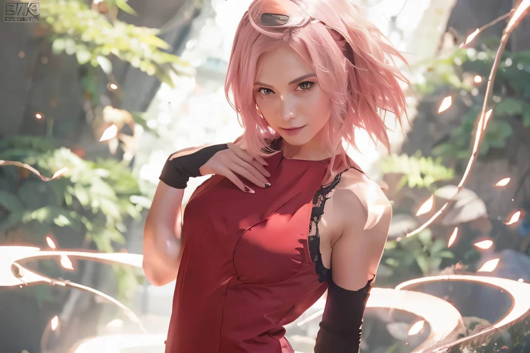masterpiece, best quality, (realistic,photo-realistic:1.4), (RAW photo:1.2), extremely detailed CG unity 8k wallpaper, delicate and beautiful, amazing, finely detail,official art, absurdres, incredibly absurdres, huge filesize, ultra-detailed, extremely detailed, extremely detailkcaled girl,extremely detailed eyes and face, light on face,little smiles,(short hair:1.3),(pink hair:1.3)(nature background:1.4),haruno sakura,(wearing red dress:1.4)