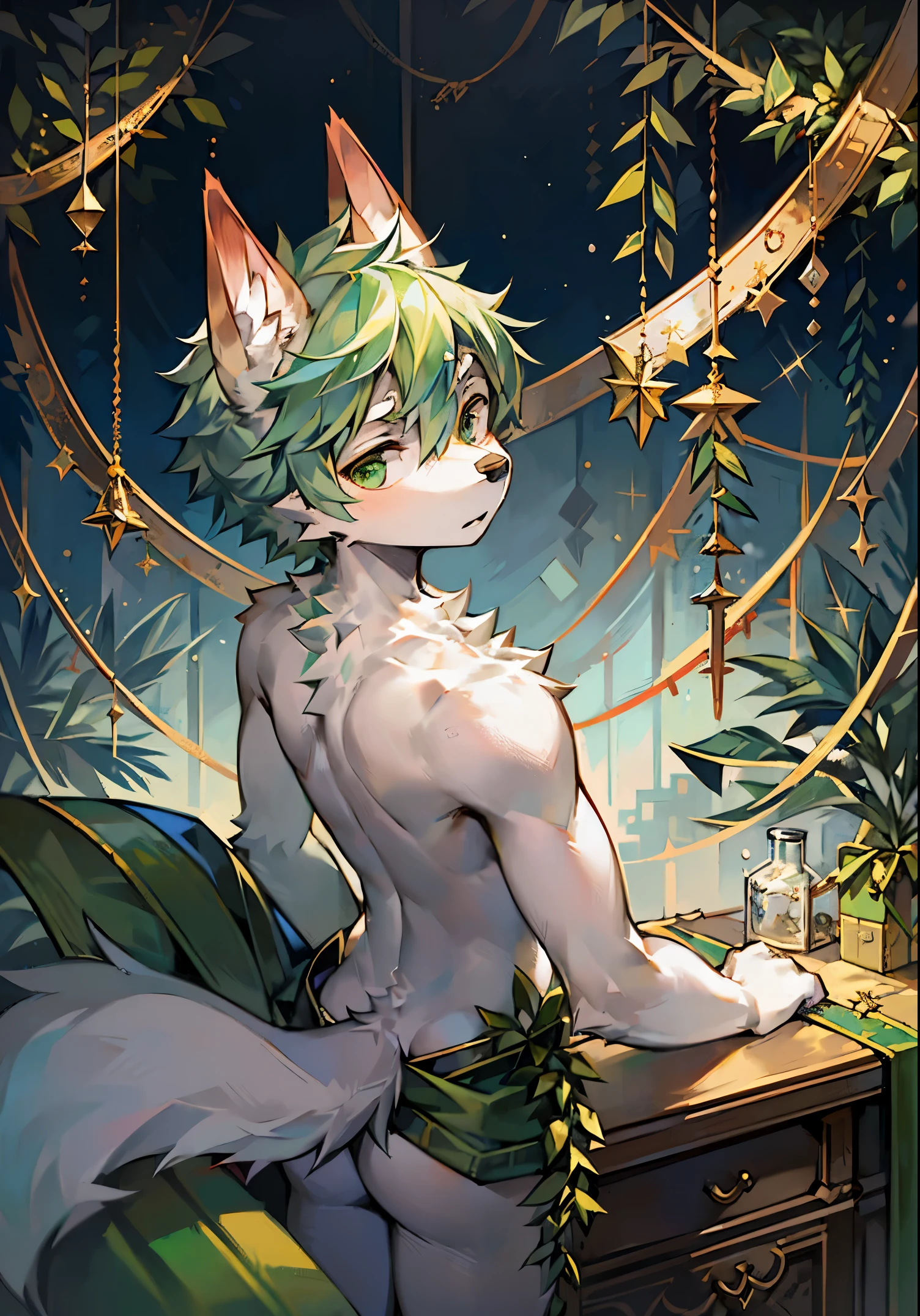 (best qualtiy,Fidelity1.4)solo person,Side-faced wolf-eared young male,Light green hair,White belly,monocle, Shirtless, sittinng on the desk,Hold the medicine bottle in your hand,The head is entangled with vines,Look back and shoot down,Presents a surreal 。