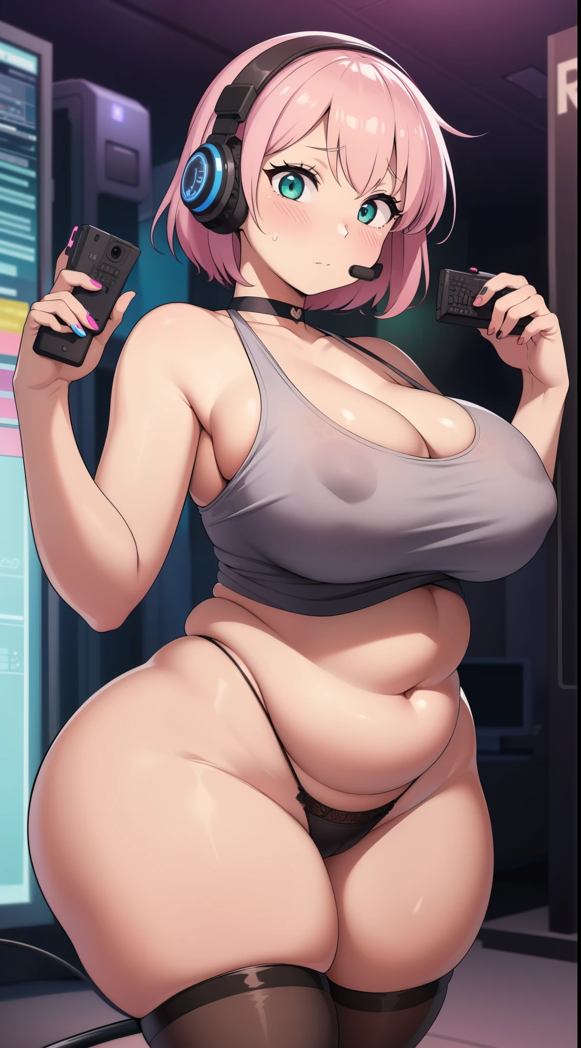 ((Masterpiece)), perfect anatomy, perfect shading, field of depth, (best quality), extremely delicate and beautiful, perfect lighting, detailed face, ultra cute face, cute, (cowboy shot 1.2), full body, (((1girl))), (((solo))),
gamer girl, short hair, fluffy hair, pink hair, hair covers one eye, green eyes, (((blush))), shy, nervous, (black tank top 1.2), (panties 1.2), headset, thigh highs, choker, extremely tight clothes, large breasts, cleavage, perky breasts, (((wide hips))), ((thick thighs)), ((big butt)), ((plump)), chubby belly, fat rolls, belly hang, she has a jiggly belly,
gaming pc, neon lights, messy room, intricate background, detailed background,
