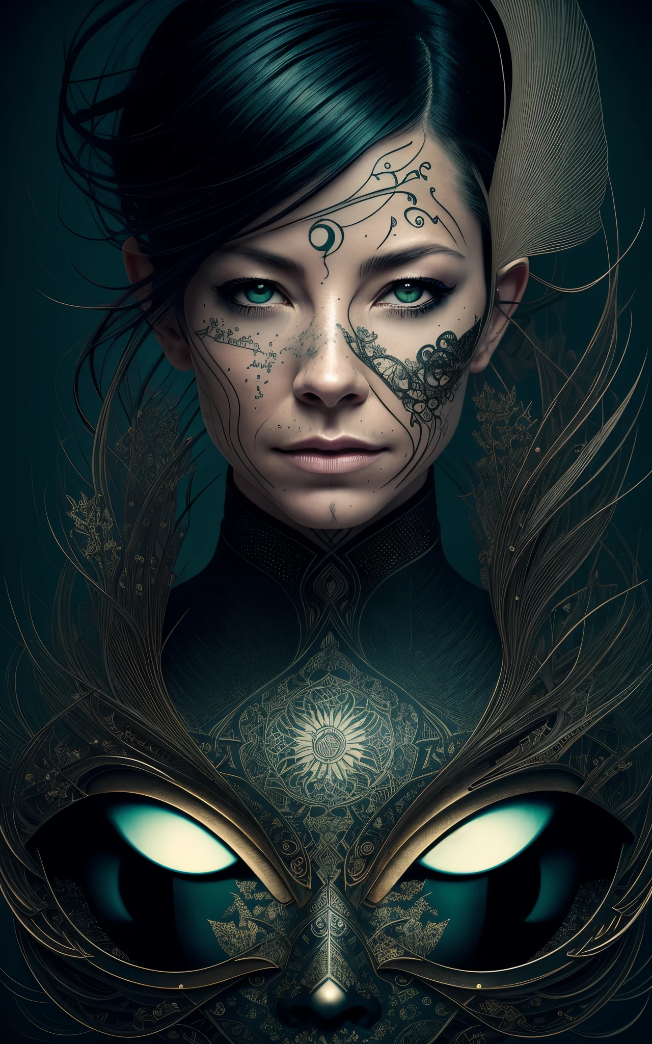 (Evangeline Lilly) is a beautiful charming woman carved out of dark smoke, dressed as a Steampunk girl in black, circular colored smoke, waves of shadows at night, abstract skull ornaments, pixie back fade haircut, soft colors, flat 4d street art in the style of adrian ghenie, esao andrews, jenny saville , edward hopper, surrealism, james jean dark, takato yamamoto, inkpunk minimalism, , detailed symmetrical brown eyes with circular iris, seamless geometric pattern harmony, luminogram, iron gall ink, art by Russ Mills, Sakimichan,, by GIlSam -paio octane rendering depicting innovation and truth, 8k, by Lee Jeffries, depth - Gs studio