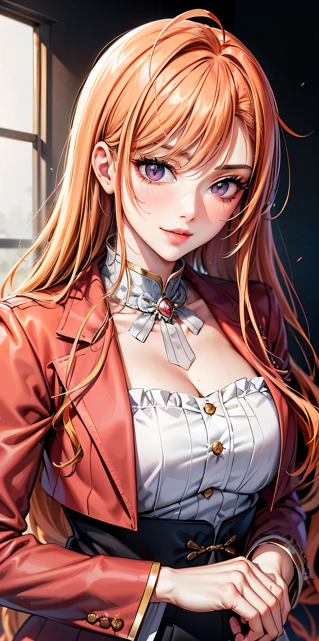 (shoujo-style:1.2), romance manhwa, 1girl, solo,  (arisugawa natsuha), long hair, orange hair, ahoge, (masterpiece, best quality), intricate details, thin, ((slim)), beautiful girl, white skin, light purple eyes, sharp jawline, cropped jacket, messy hair, lips, upper body, close up, smirk