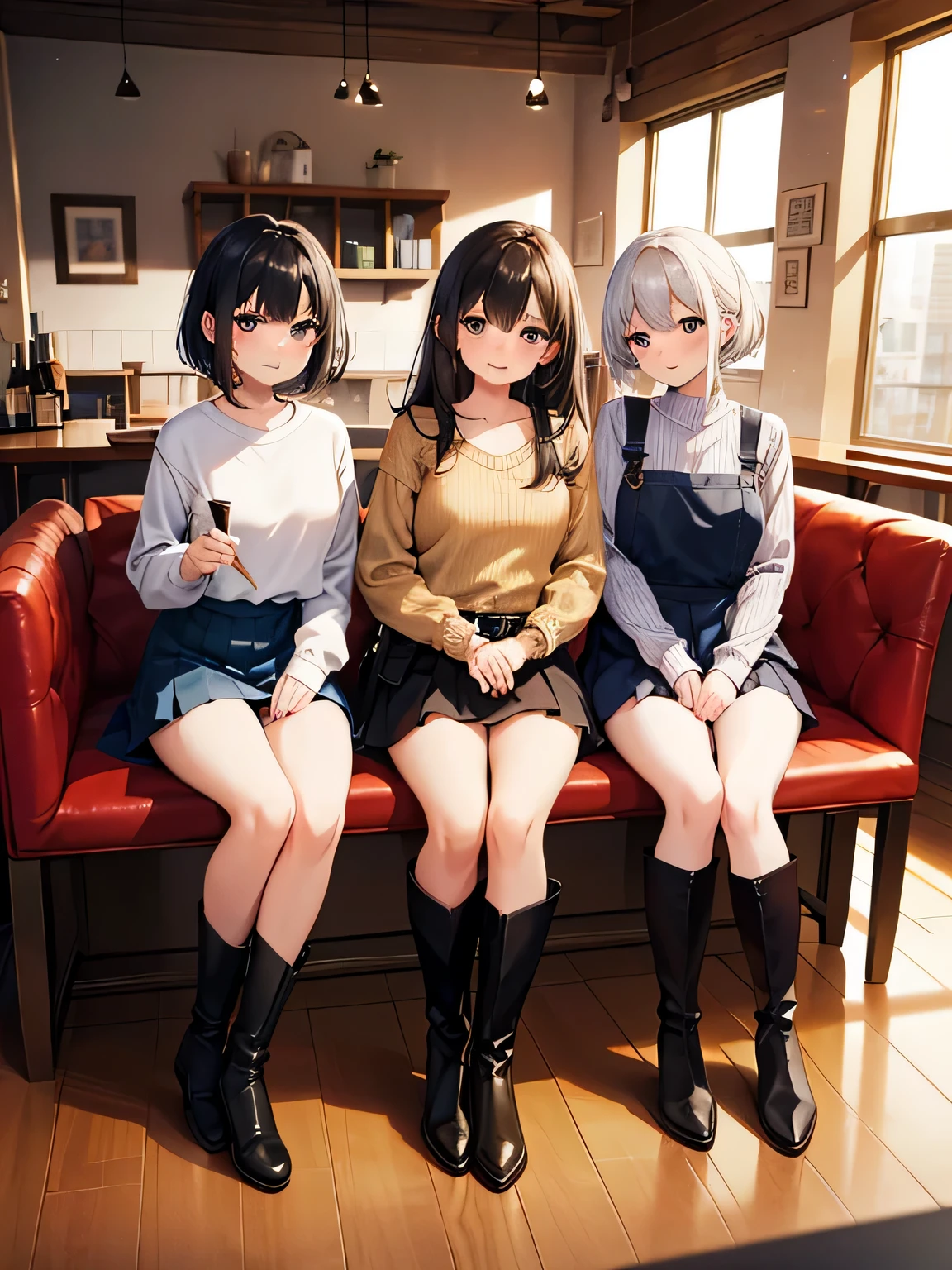 1,three women sitting next to each other.
2,The first woman is wearing a sexy knit and pleated skirt and long boots. her hair is cut short.
3,The second woman was、She is wearing a mini-knit dress with a large bust opening that clearly shows off her body line., and she&#39;s wearing long boots. Her hair is semi-long.
4, The third woman is wearing a western shirt, denim miniskirt, and western boots.. Her hair is long.
5,The place is a café.