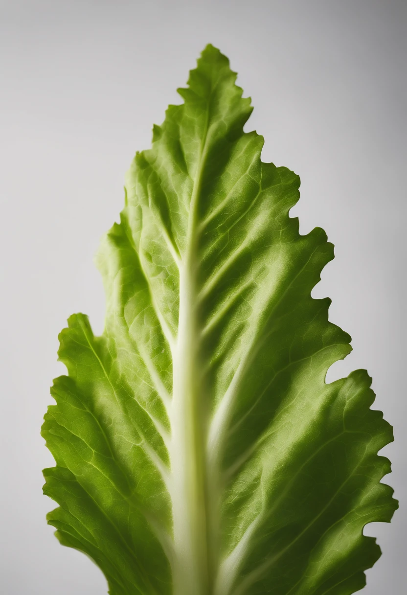 a minimalistic shot of a single lettuce leaf against a clean, white background, allowing the vibrant green color to be the focal point