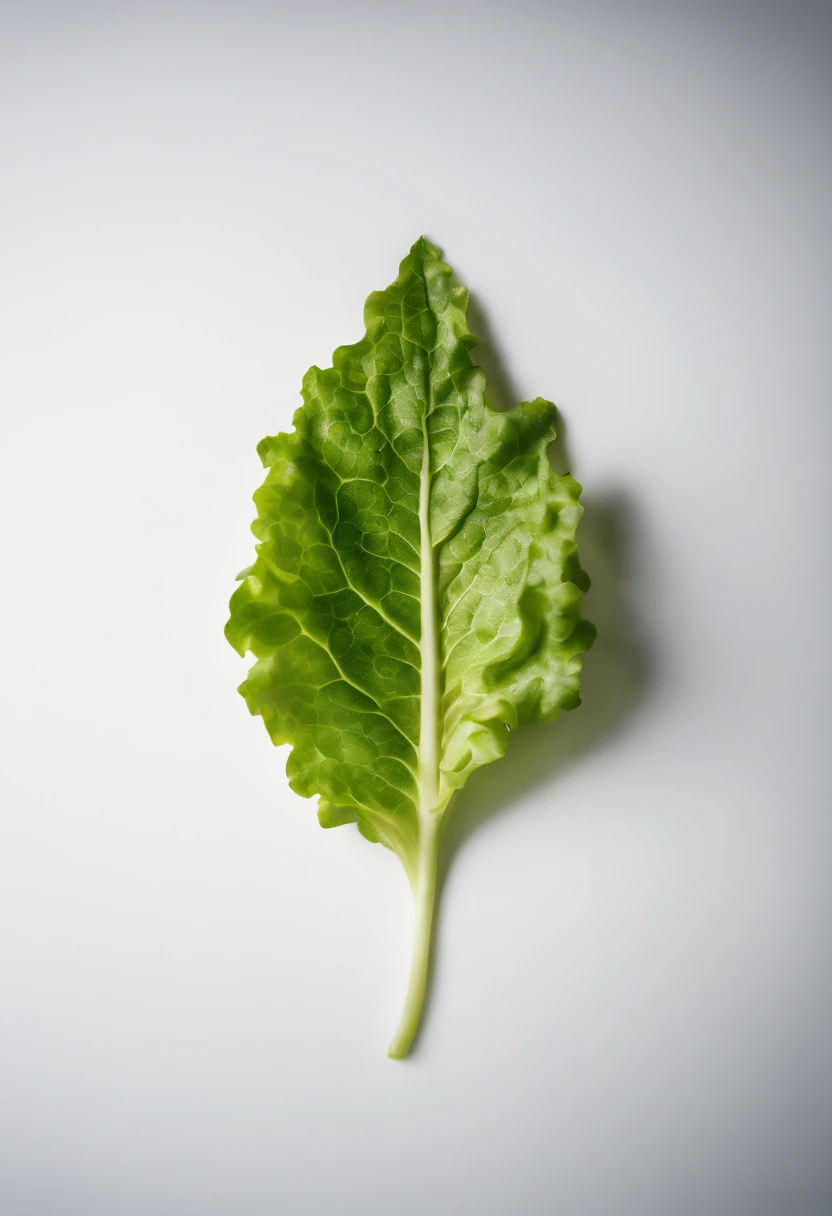 a minimalistic shot of a single lettuce leaf against a clean, white background, allowing the vibrant green color to be the focal point