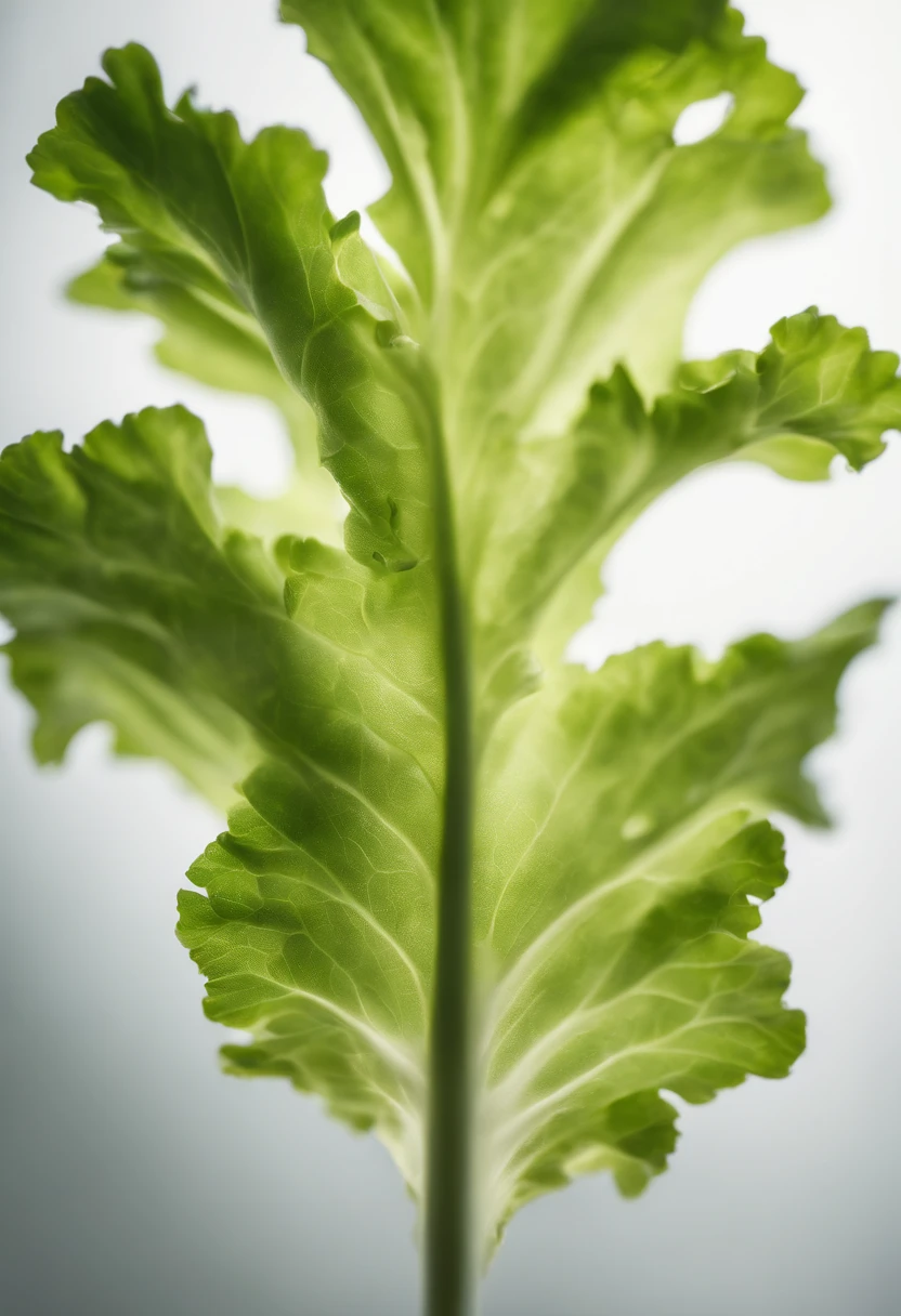 a minimalistic shot of a single lettuce leaf against a clean, white background, allowing the vibrant green color to be the focal point