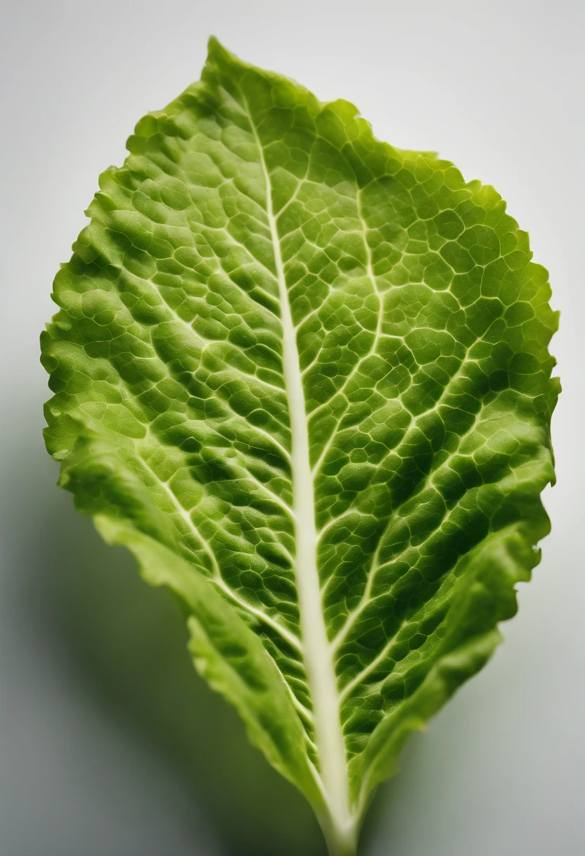 a minimalistic shot of a single lettuce leaf against a clean, white background, allowing the vibrant green color to be the focal point