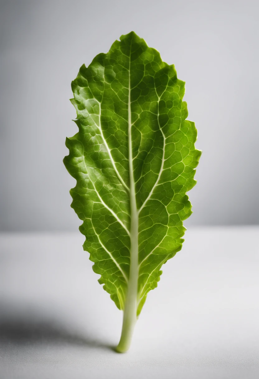 a minimalistic shot of a single lettuce leaf against a clean, white background, allowing the vibrant green color to be the focal point
