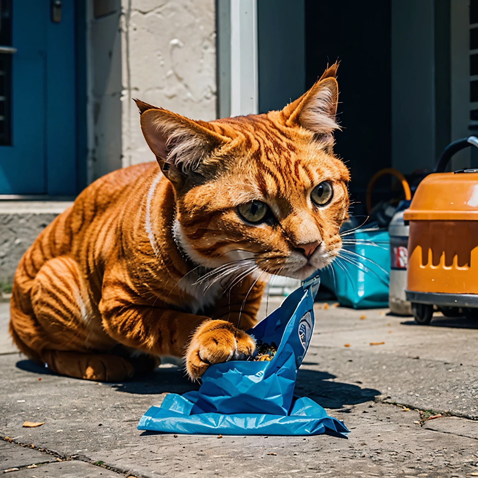 An Orange cat vomiting blue liquid next to a purple chips bag.