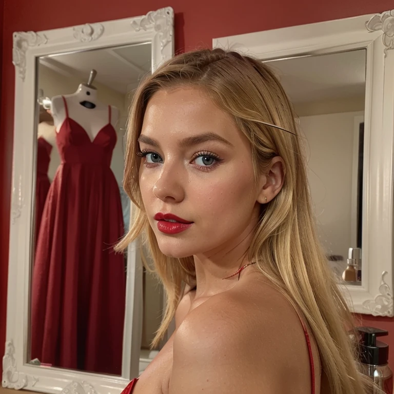 Iphone quality, real human, skin pore, Instagram Hot blonde, blue eyed chick, staring at the mirror, wearing red sexy dress, applying red lipstick on her lips