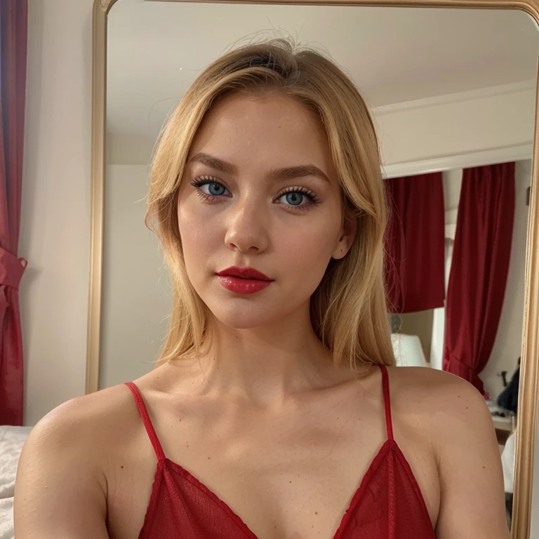 Iphone quality, real human, skin pore, Instagram Hot blonde, blue eyed chick, staring at the mirror, wearing red sexy dress, applying red lipstick on her lips