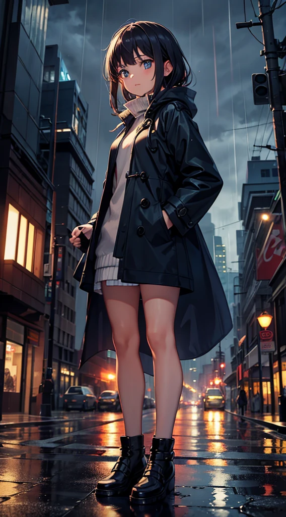 1 girl, night city, rain, coat, hands in pockets