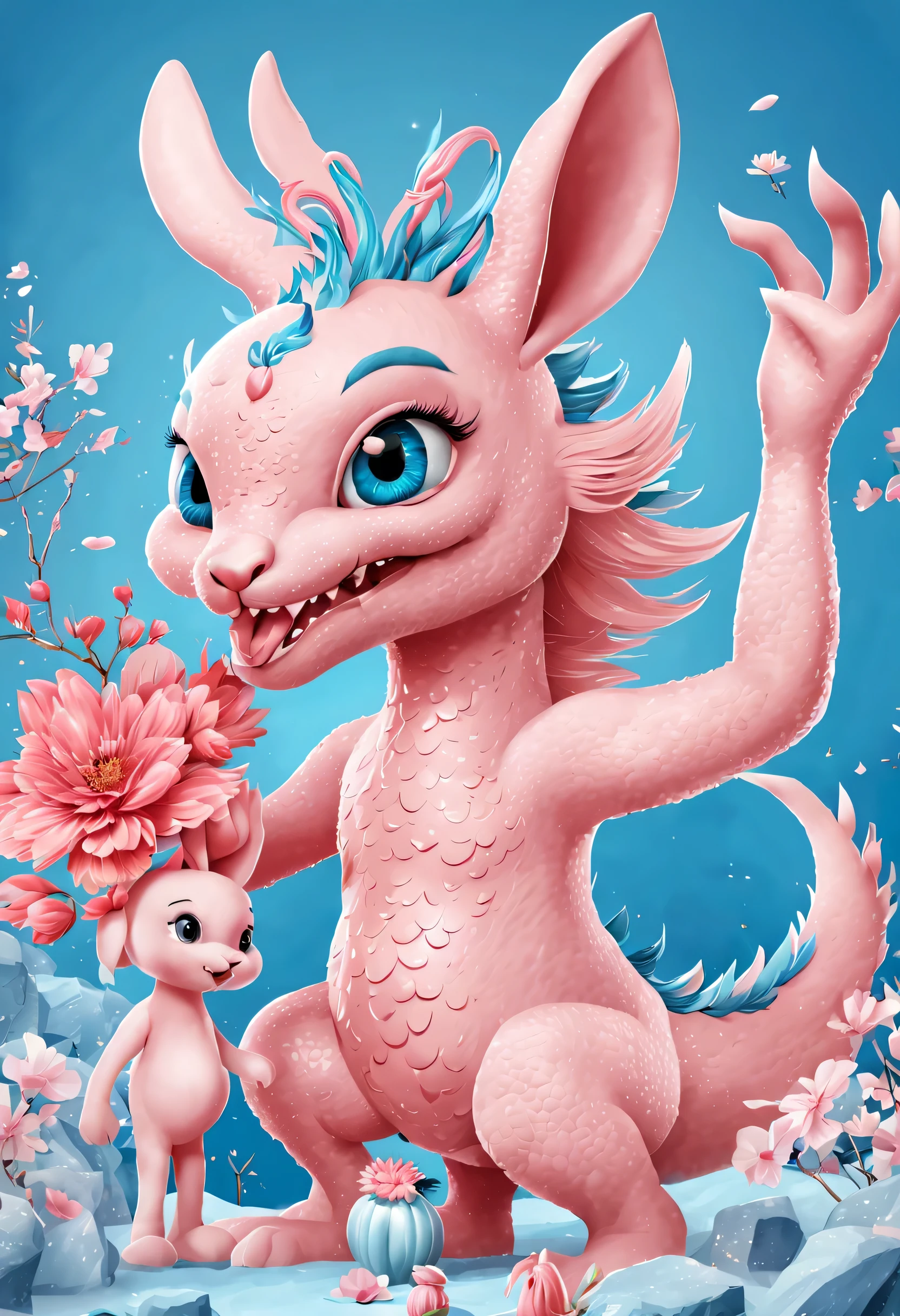 (2024 new year poster design),Pink and blue as main colors, (Cute and playful blue zodiac dragon and pink rabbit cheering),Wearing beautiful makeup,Long eyelashes,a happy new year,(2024), a happy new year,fresh flowers,