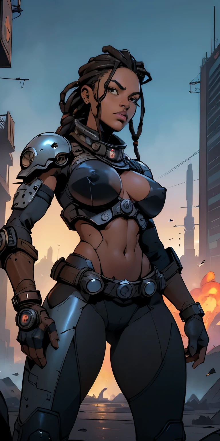 (((NSFW, desenho de linha, Desenho em aquarela, best quality, Ultra Detalhado, master part, 1 mulher negra de 21 anos, pele negra, corpo inteiro, corpo magro, Gears of War estilo sci-fi NSFW))), ((1 mulher negra de 21 anos, pele negra, cabelo dreadlock, beautiful face, rosto bem desenhado, symmetrical face, detailed hands, well drawn hands, symmetric eyes, corpo magro: 1.2, sci-fi soldier, Usando NSFW CROP Armor Sci-Fi, corpo magro esbelto, corpo inteiro)), dynamic pose, Pose de combate, motor ureal 5, 8k, drama ao vivo, apocalyptic cityscape, proporcional, symmetric, proportion Aurea, art-station, Velhaco, Dynamic Combat Pose, Steampunk