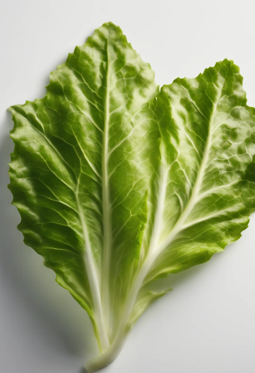 a minimalistic shot of a single lettuce leaf against a clean, white background, allowing the vibrant green color to be the focal point