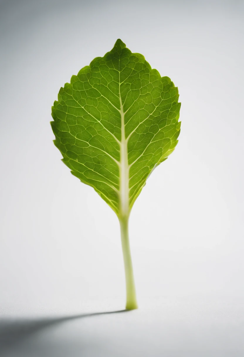 a minimalistic shot of a single lettuce leaf against a clean, white background, allowing the vibrant green color to be the focal point