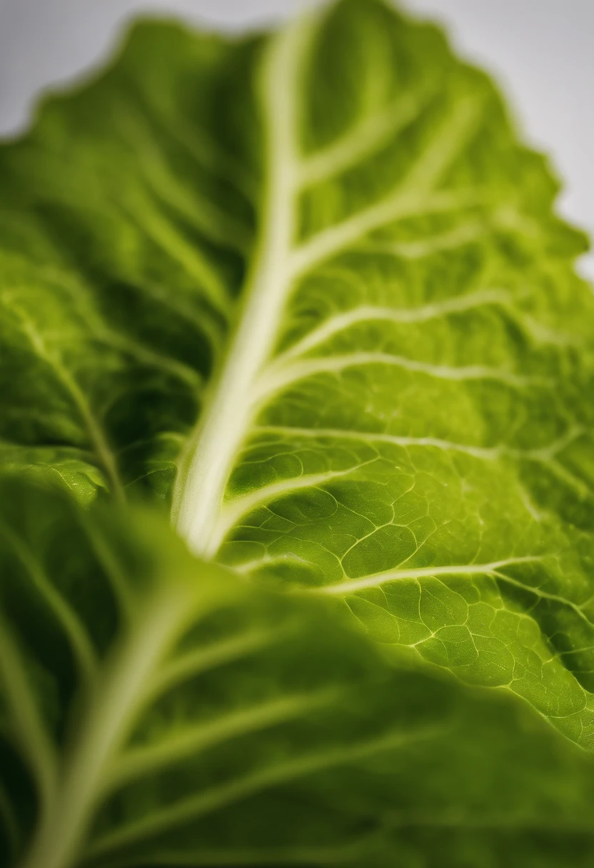 a minimalistic shot of a single lettuce leaf against a clean, white background, allowing the vibrant green color to be the focal point