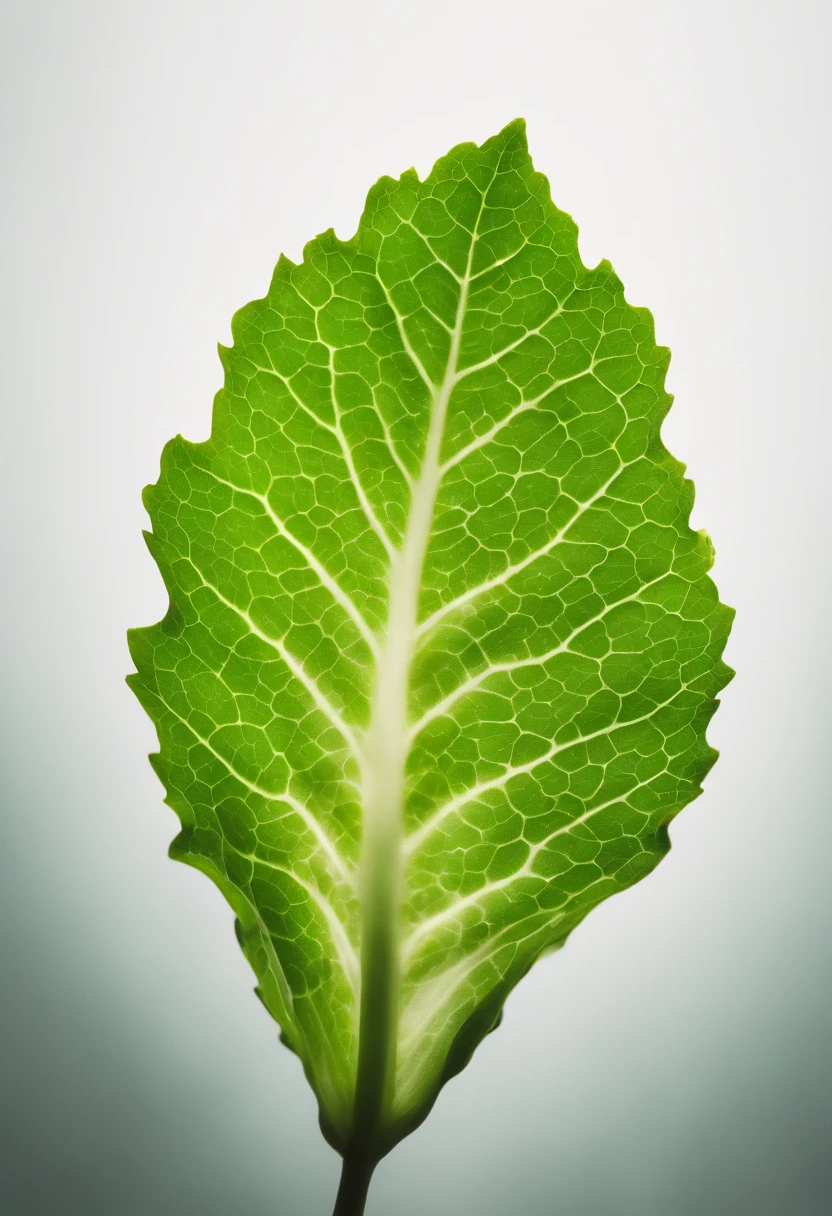 a minimalistic shot of a single lettuce leaf against a clean, white background, allowing the vibrant green color to be the focal point