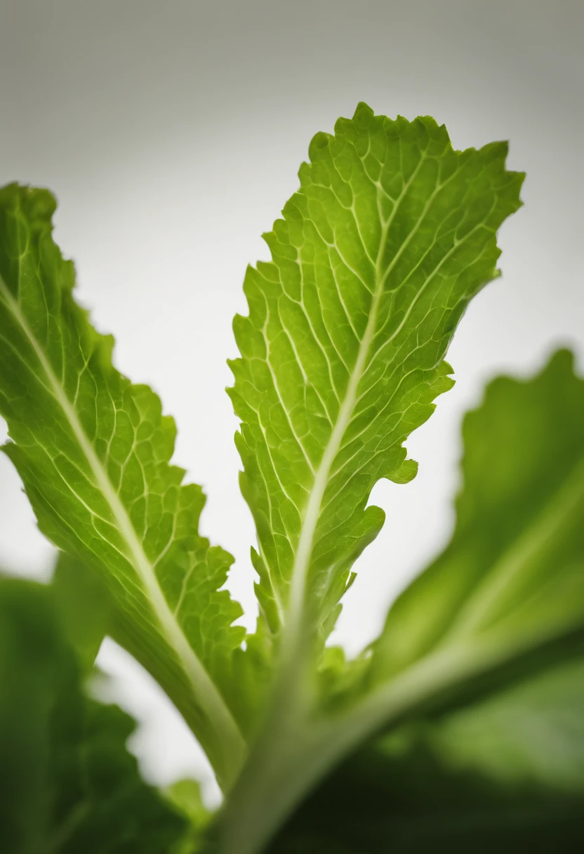 a minimalistic shot of a single lettuce leaf against a clean, white background, allowing the vibrant green color to be the focal point