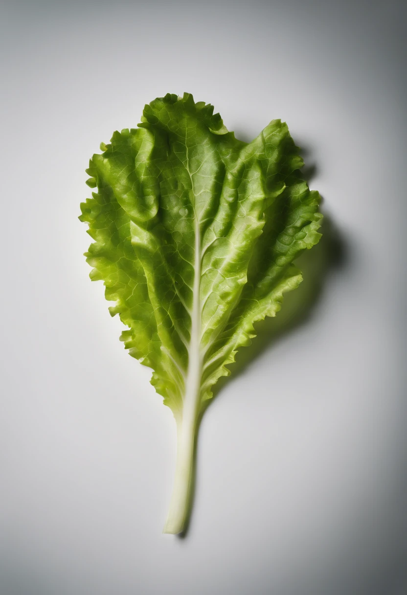 a minimalistic shot of a single lettuce leaf against a clean, white background, allowing the vibrant green color to be the focal point