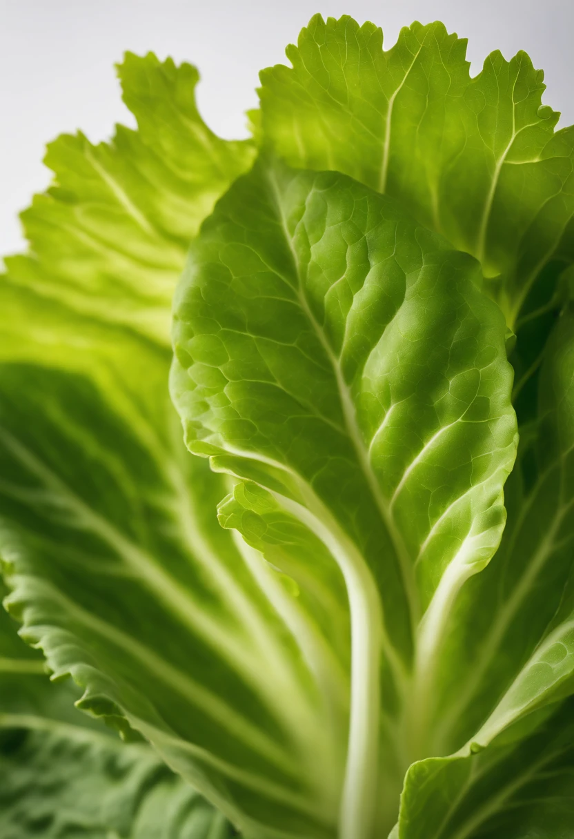 a minimalistic shot of a single lettuce leaf against a clean, white background, allowing the vibrant green color to be the focal point