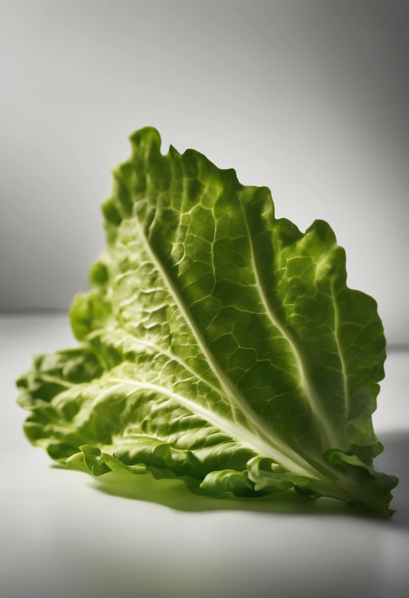 a minimalistic shot of a single lettuce leaf against a clean, white background, allowing the vibrant green color to be the focal point