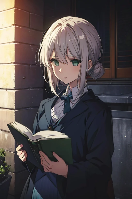 A silver haired young woman with green eyes is reading a book in a cemetery in a gothic outfit