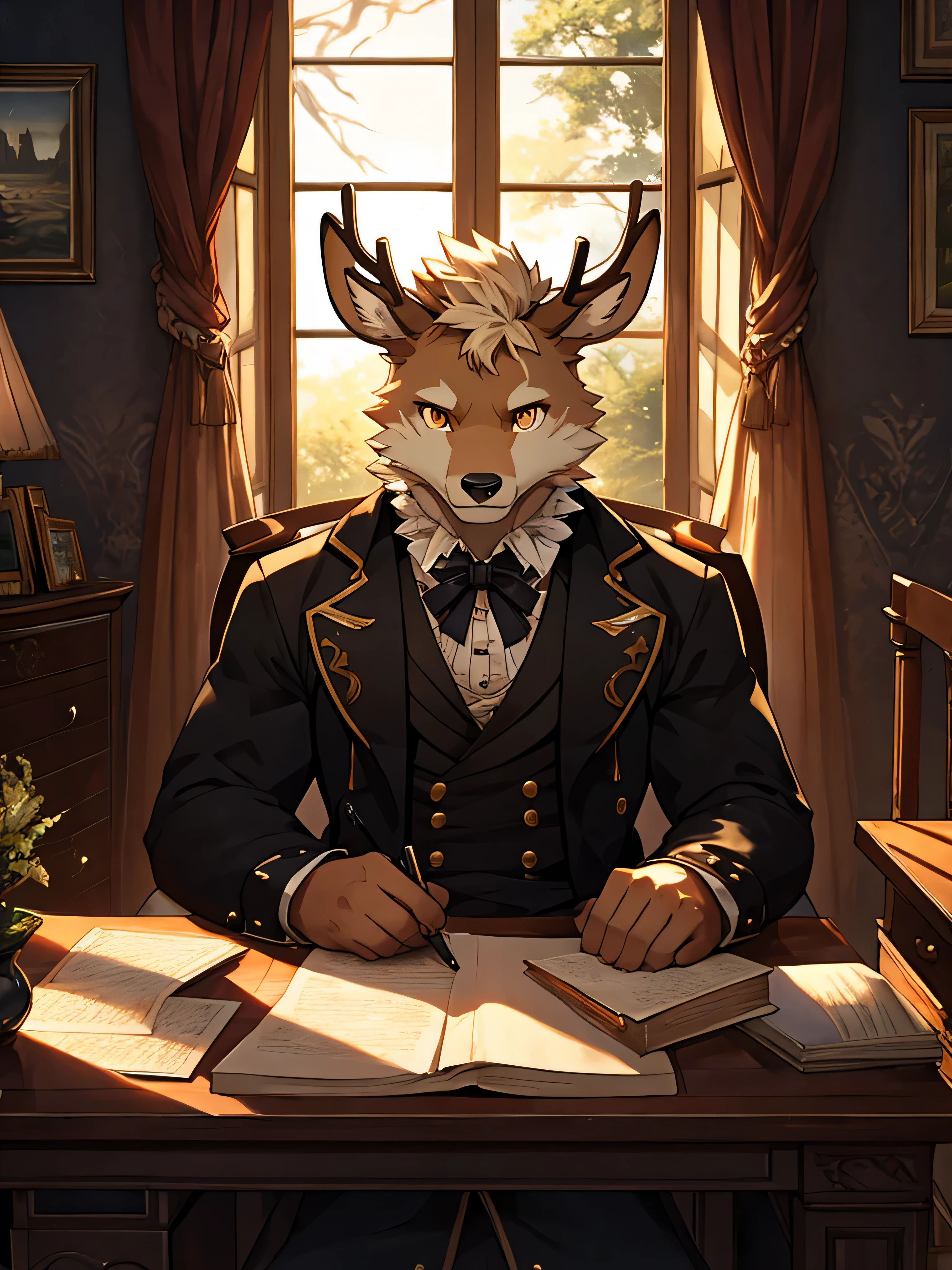 (ByZEphyrus)furry,bara,Shota,white fur deer,golden eyes,pitch black iris,muscular,not very high,Wear Victorian era clothing,The chair in front has a writing desk..,There is a window next to the table..,Look out the window.,My eyes are empty..,(maximum detail,Backlit image,dynamic,HDR,10)