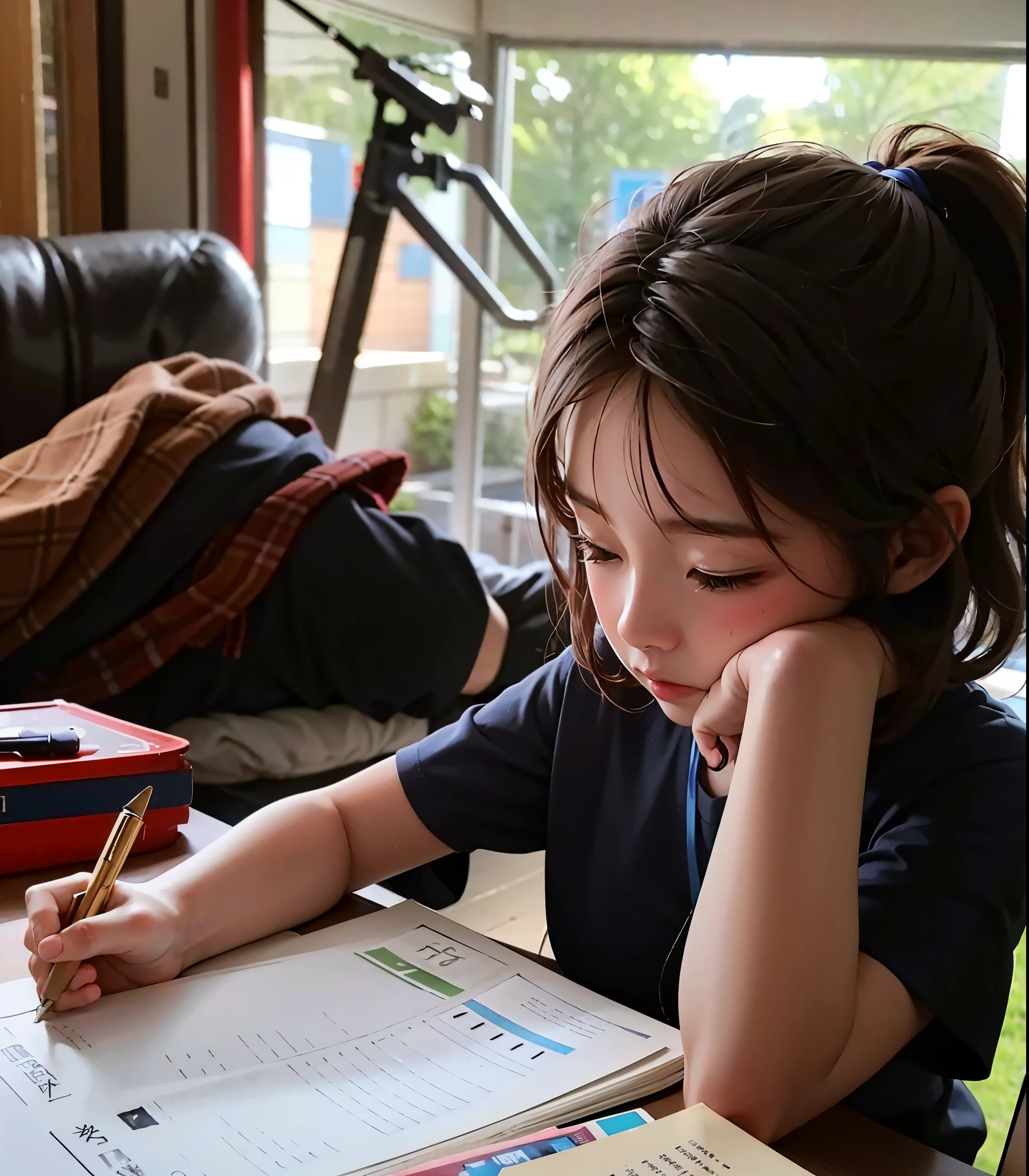 Fed girl sitting at table，Holding a book and a pen, Learn, 在卧室Learn, 尝试Learn, pupils, li zixin, jinyiwei, Studious, young asian girl, photograph taken in 2 0 2 0, xintong chen, Inspired by ancient coins, working hard, Gamine, author：Li Zai, Learn in a brightly lit room