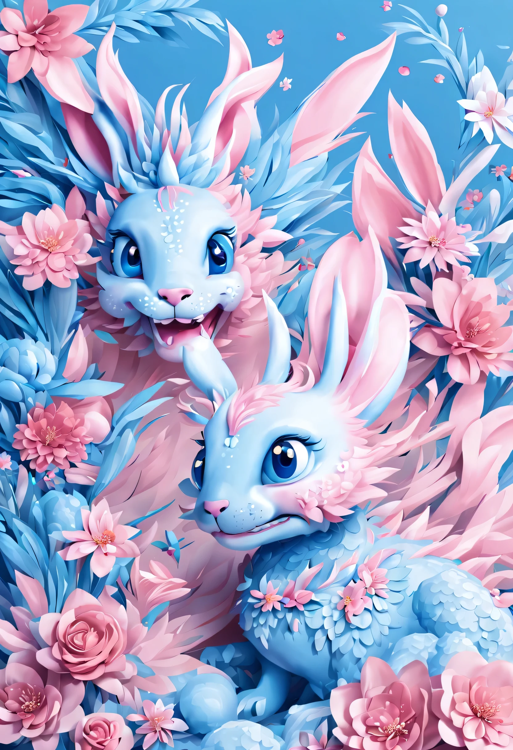(2024 new year poster design),Pink and blue as main colors, (Cute and playful blue zodiac dragon and pink rabbit cheering),Wearing beautiful makeup,Long eyelashes,a happy new year,(2024), a happy new year,fresh flowers,