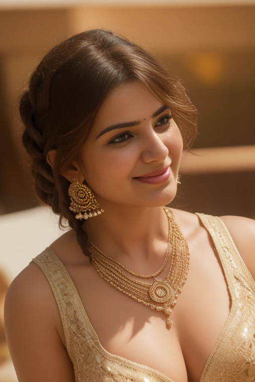 Day scene, close up photo of a sexy indian, bathing in, sexy navel, black bra, big cheeks, deep cleavage, french braid hair, necklace, erotic face, 34 yo, look at viewer and seductive smile, (cinematic:1.3), intricate details, (ArtStation:1.2)