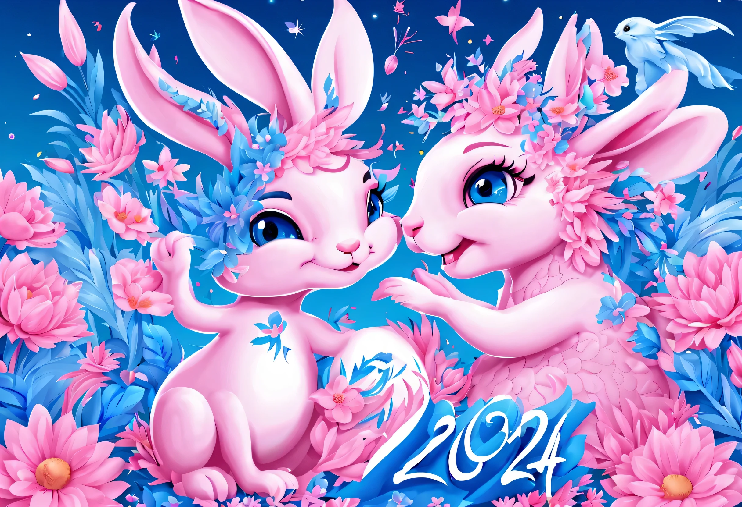 (2024 new year poster design),Pink and blue as main colors, (Cute and playful blue zodiac dragon is shaking hands with pink rabbit),Wearing beautiful makeup,Long eyelashes,a happy new year,(2024), a happy new year,fresh flowers,