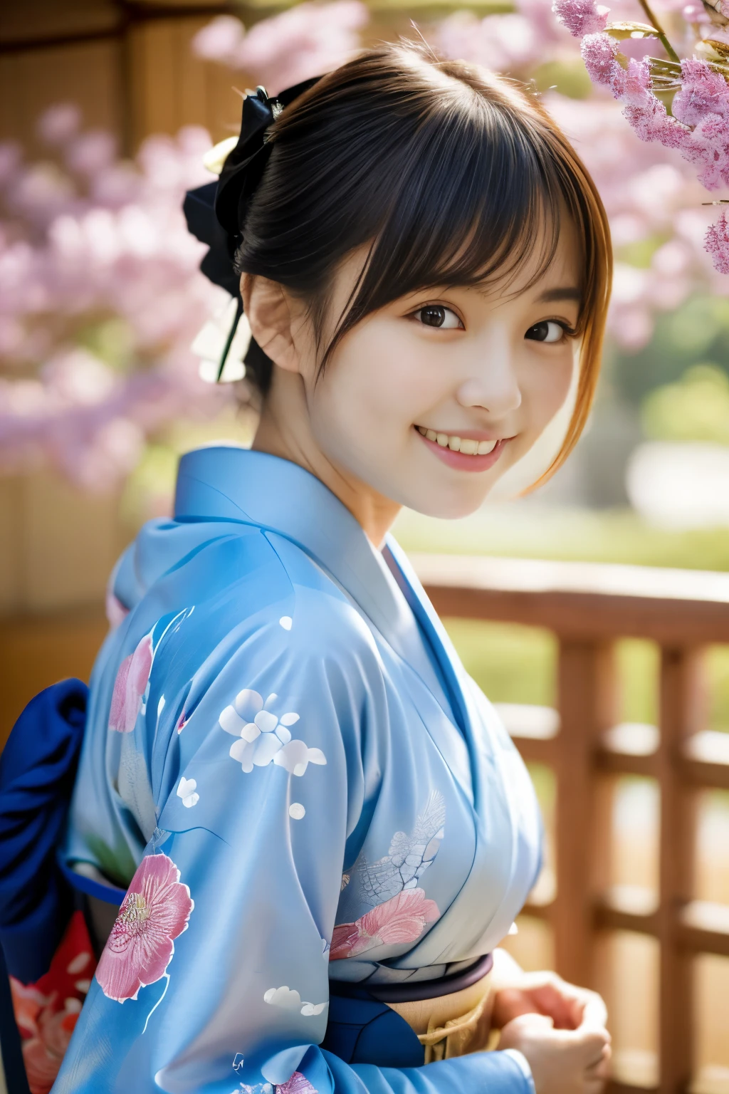 masutepiece, Best Quality, 8K, 18year old, , Raw photo, absurderes, award winning portrait, Smile, Solo, Idol face, Delicate girl, Upper body, Digital SLR, Looking at Viewer, Candid, Sophisticated, Thin arms, Professional Lighting, Film grain, chromatic abberation, (Eyes and faces with detailed:1.0), (Bokeh:1.1) , Japanese-style room , closes mouth , (Light blue kimono、Sunny Clothes、furisode、Japanese style pale pink floral pattern:1.2) , A dark-haired ,　Japanese style hair ornament、