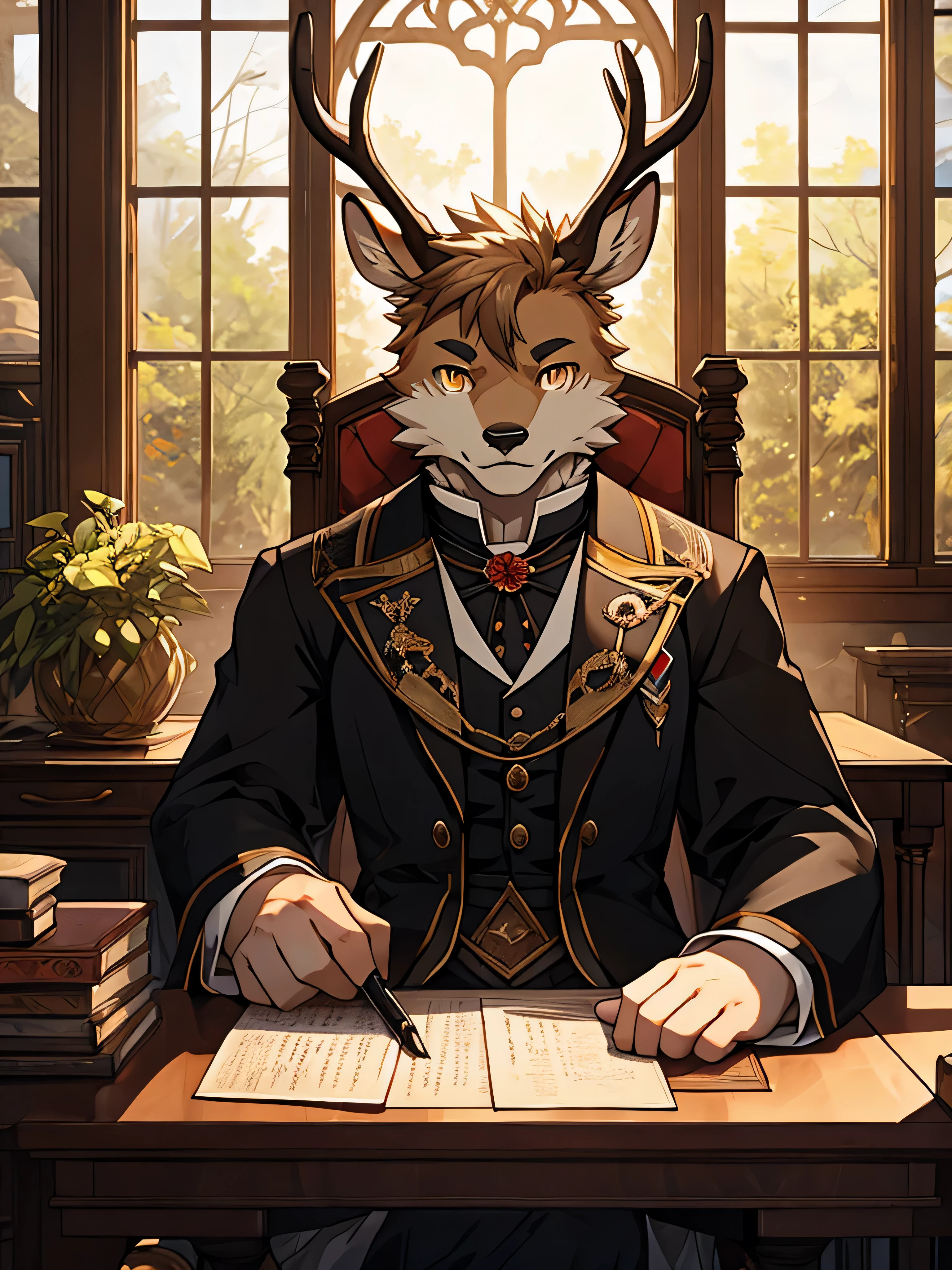 (ByZEphyrus)furry,bara,Shota,white fur deer,golden eyes,pitch black iris,muscular,not very high,Wear Victorian era clothing,The chair in front has a writing desk..,There is a window next to the table..,Look out the window.,My eyes are empty..,(maximum detail,Backlit image,dynamic,HDR,10)