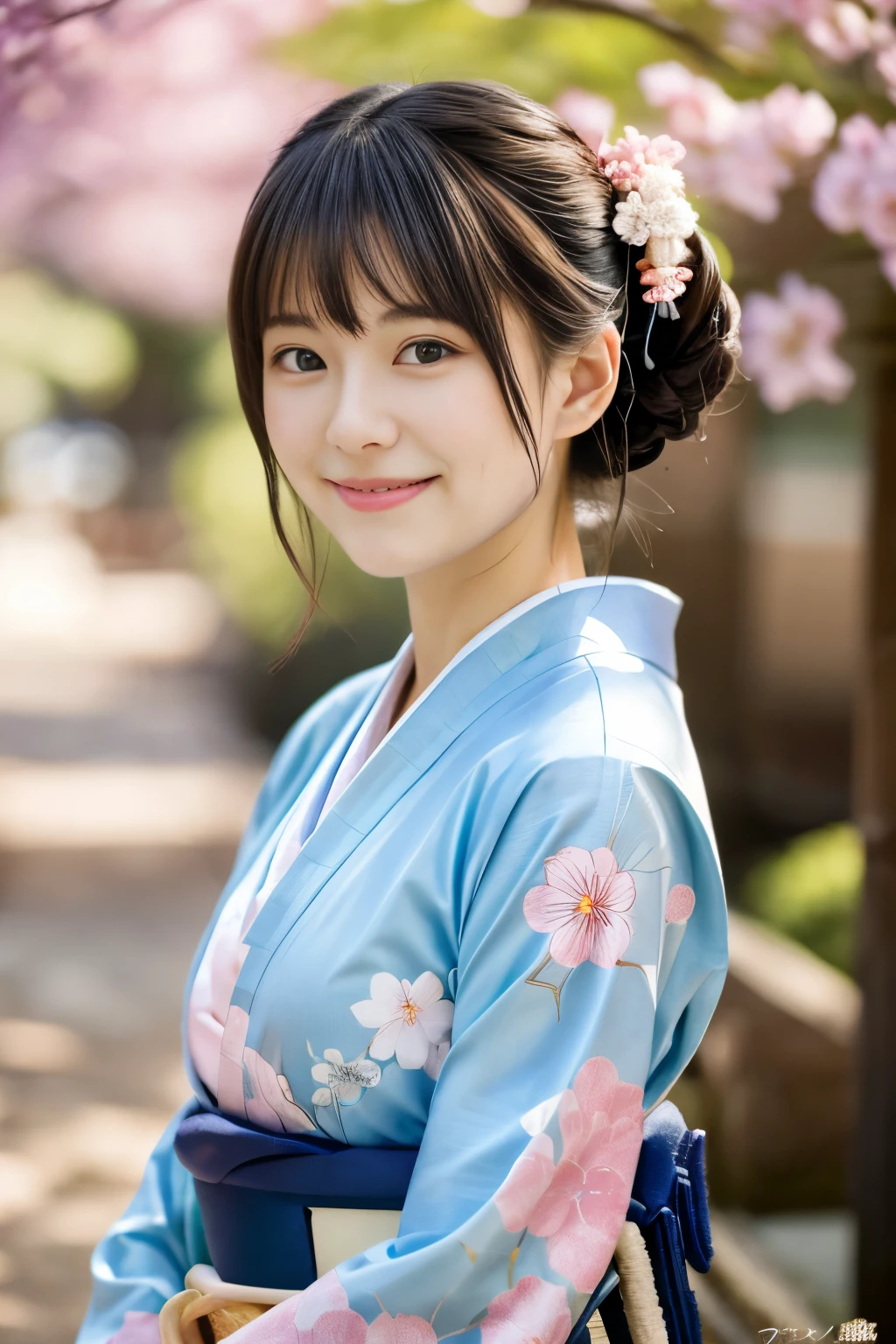 masutepiece, Best Quality, 8K, 18year old, , Raw photo, absurderes, award winning portrait, Smile, Solo, Idol face, Delicate girl, Upper body, Digital SLR, Looking at Viewer, Candid, Sophisticated, Thin arms, Professional Lighting, Film grain, chromatic abberation, (Eyes and faces with detailed:1.0), (Bokeh:1.1) , Japanese-style room , closes mouth , (Light blue kimono、Sunny Clothes、furisode、Japanese style pale pink floral pattern:1.2) , A dark-haired , Japanese style hair ornament、