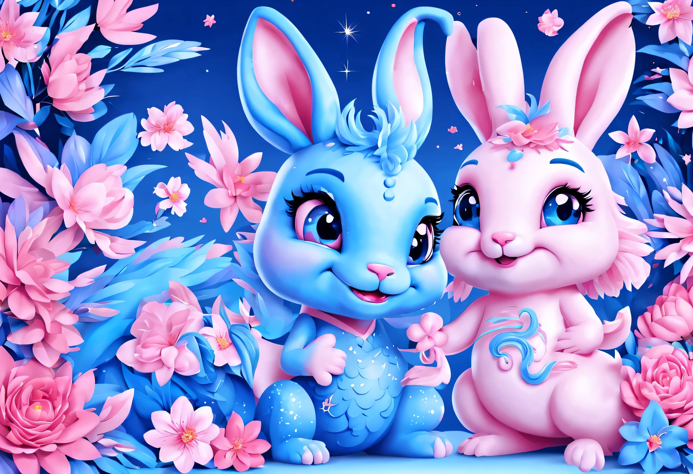 (2024 new year poster design),Pink and blue as main colors, (Cute and playful blue zodiac dragon is shaking hands with pink rabbit),Wearing beautiful makeup,Long eyelashes,a happy new year,(2024), a happy new year,fresh flowers,