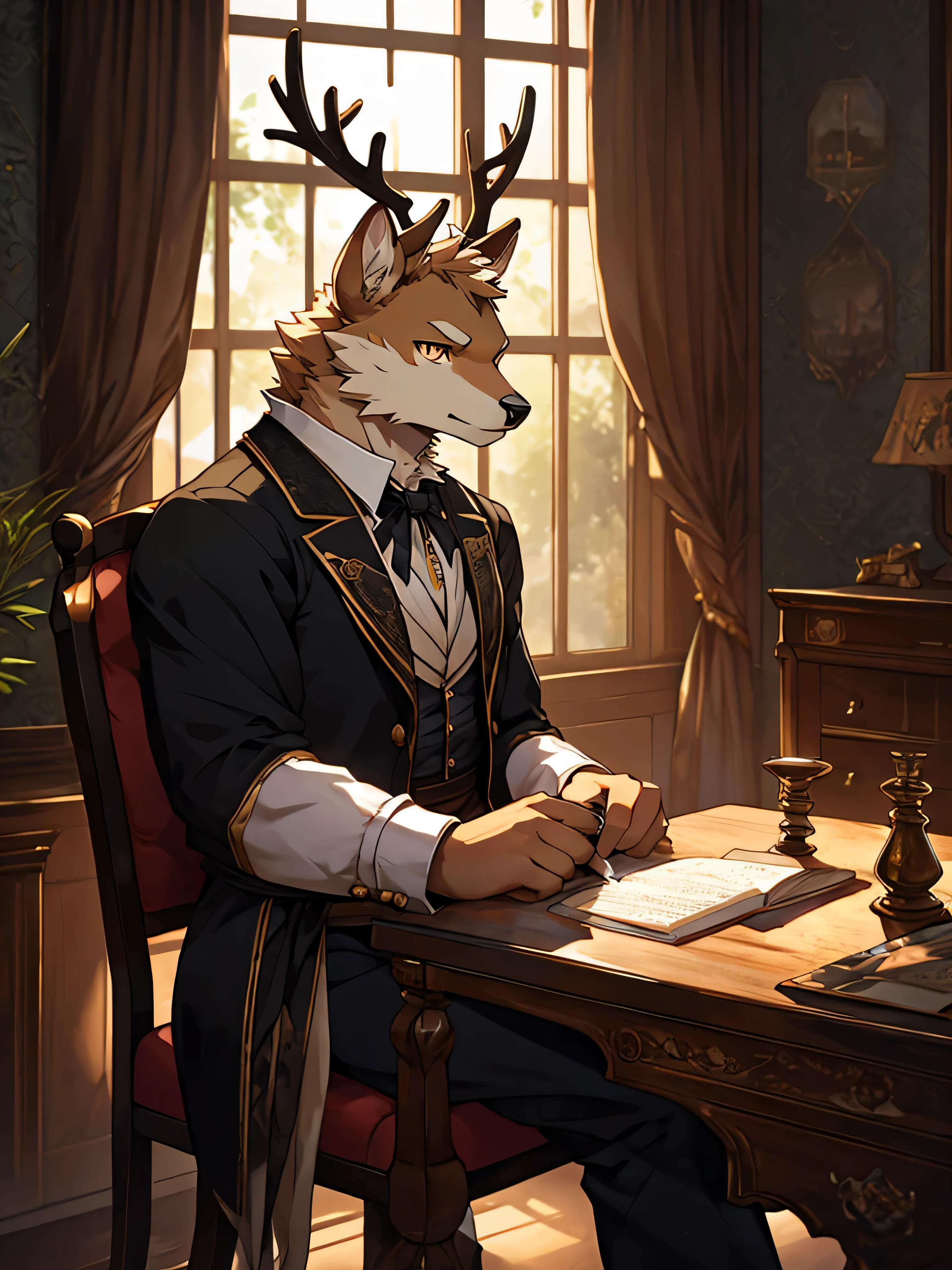 (ByZEphyrus)furry,bara,Shota,white fur deer,golden eyes,pitch black iris,muscular,not very high,Wear Victorian era clothing,The chair in front has a writing desk..,There is a window next to the table..,Look out the window.,My eyes are empty..,(maximum detail,Backlit image,dynamic,HDR,10)