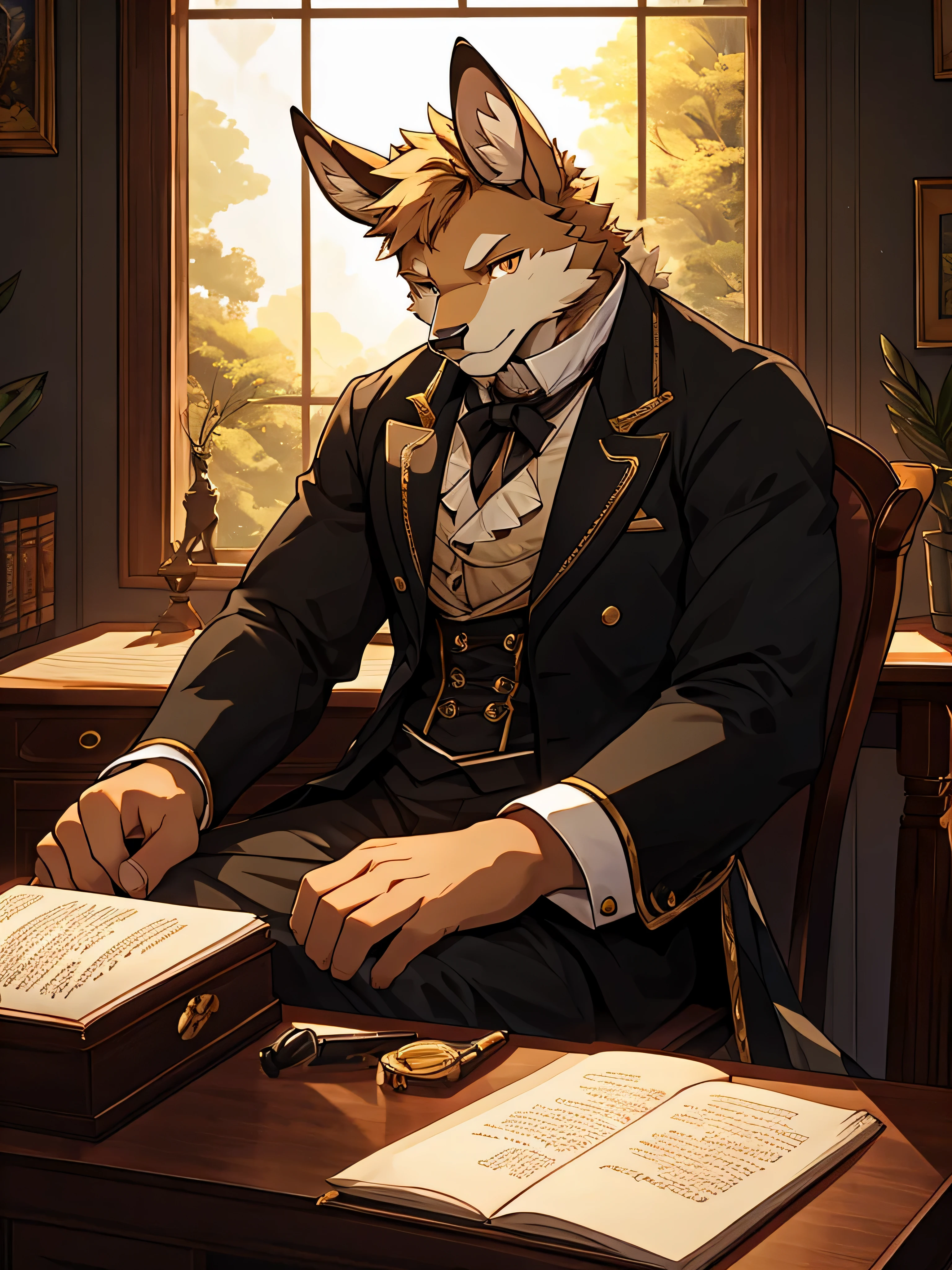 (ByZEphyrus)furry,bara,Shota,white fur deer,golden eyes,pitch black iris,muscular,not very high,Wear Victorian era clothing,The chair in front has a writing desk..,There is a window next to the table..,Look out the window.,My eyes are empty..,(maximum detail,Backlit image,dynamic,HDR,10)