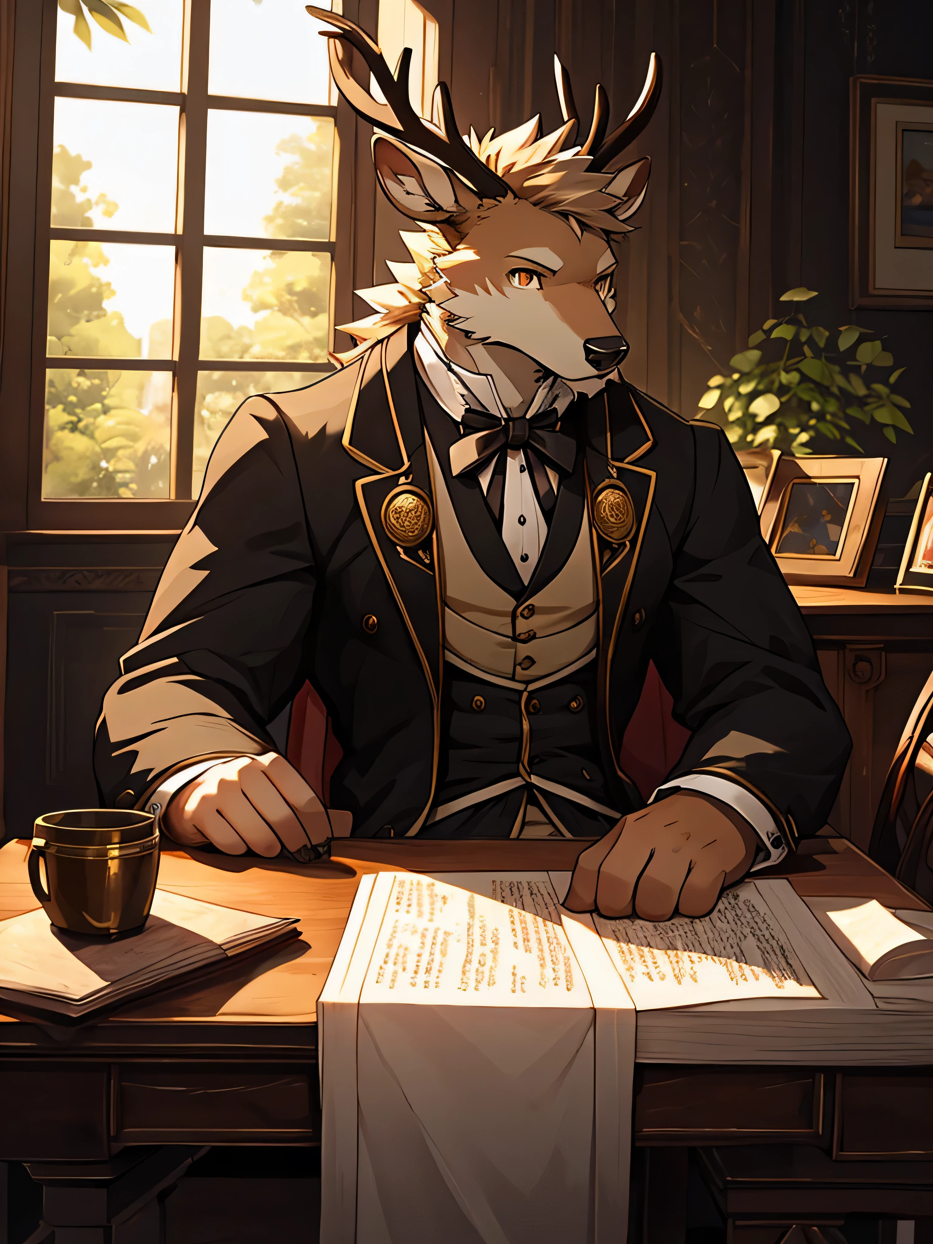 (ByZEphyrus)furry,bara,Shota,white fur deer,He is beautiful with golden eyes..,pitch black iris,muscular,not very high,Wear Victorian era clothing,The chair in front has a writing desk..,There is a window next to the table..,Look out the window.,My eyes are empty..,(maximum detail,Backlit image,dynamic,HDR,10)