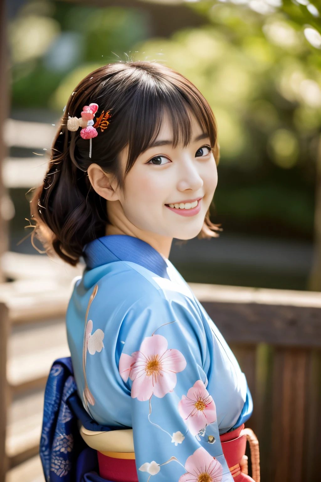 masutepiece, Best Quality, 8K, 18year old, , Raw photo, absurderes, award winning portrait, Smile, Solo, Idol face, Delicate girl, Upper body, Digital SLR, Looking at Viewer, Candid, Sophisticated, Thin arms, Professional Lighting, Film grain, chromatic abberation, (Eyes and faces with detailed:1.0), (Bokeh:1.1) , Japanese-style room , closes mouth , (Light blue kimono、Sunny Clothes、furisode、Japanese style pale pink floral pattern:1.2) , A dark-haired , Japanese style hair ornament、