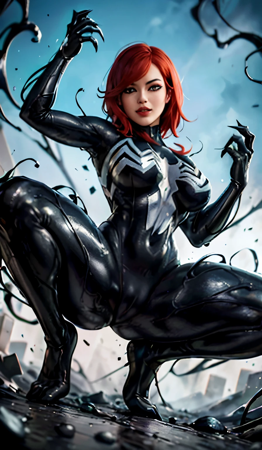 4K，realisticlying，Glamorous，The  very detailed，There  a girl in Dingcheng，Red hair，Wearing a black Spider-Man costume，（Black and white：1.4） the night,symbiote，venomize，a large amount of mucus,she  a spiderman，Black superhero theme，In front of the sky，Flushed complexion，( Open legs， camel-toe，， Vulvar shape：1.3）,(GGCameltoe:1.3)Legs apart，25 age old，full bodyesbian