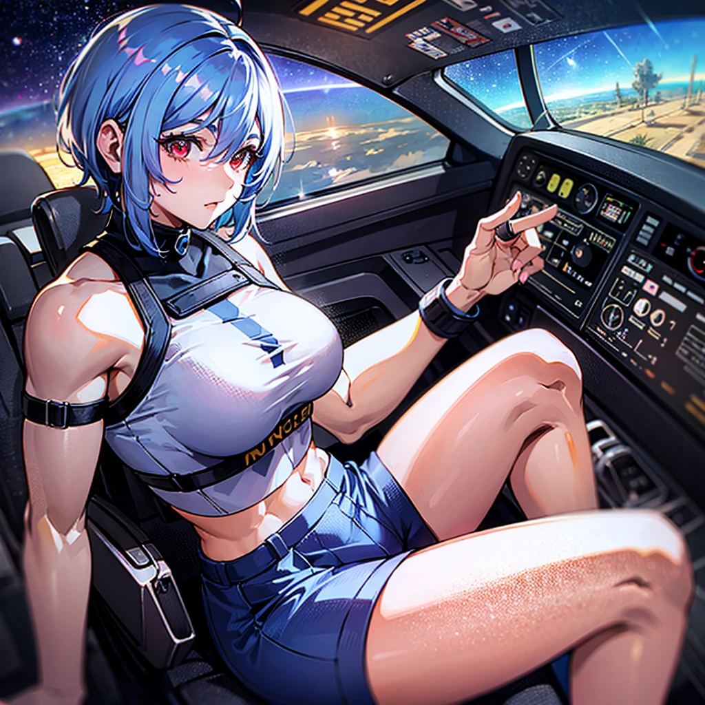 female pilot, sitting plane cockpit, (pubic hair, panties with pubic hair sticking out), straddle, small breast,