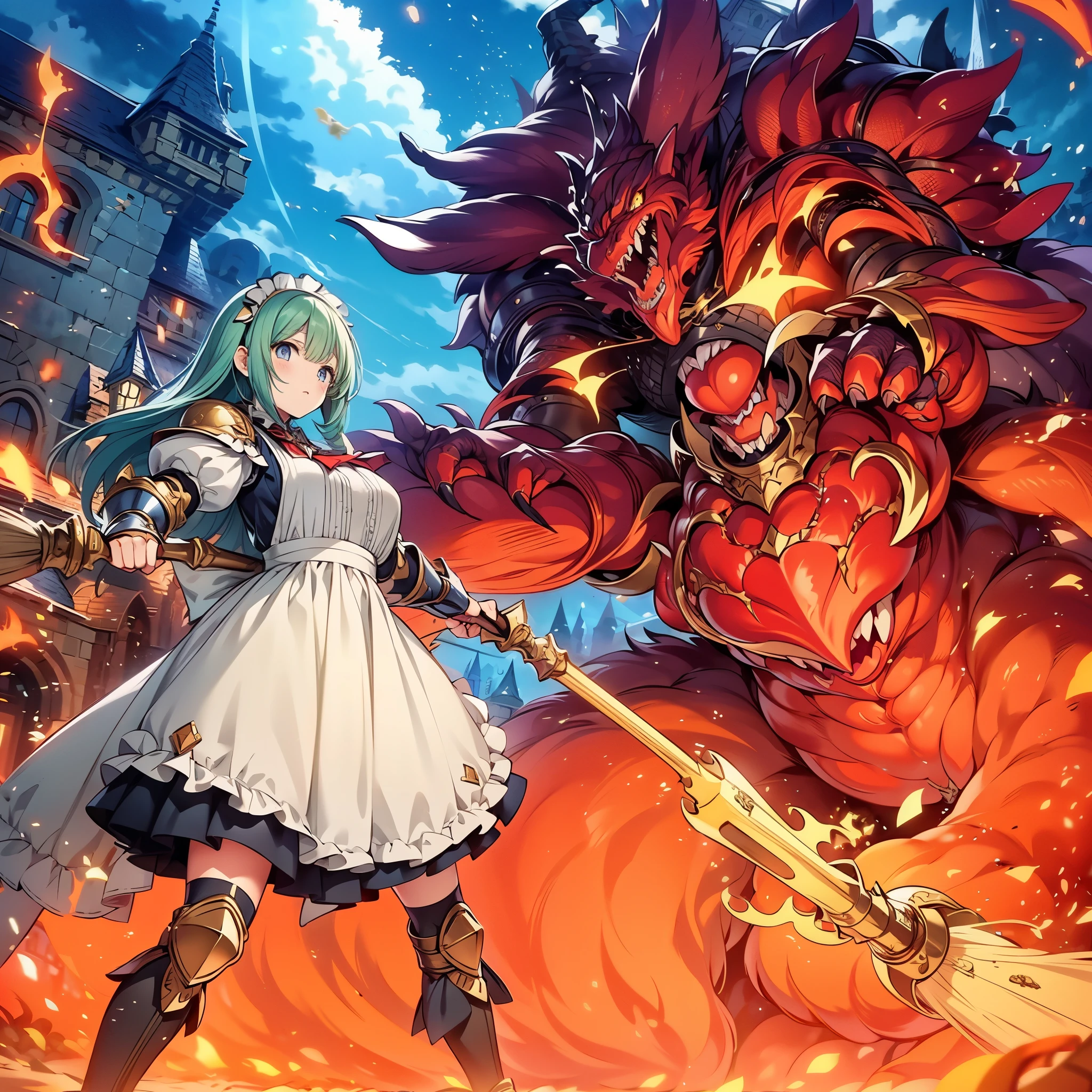 (masterpiece), best quality, expressive eyes, perfect face, fantasy art, A group of (knight in maid outfit) battle with a huge monster at the front of castle, facing to monster, two hands holding broom, (fighting stance:1.5)