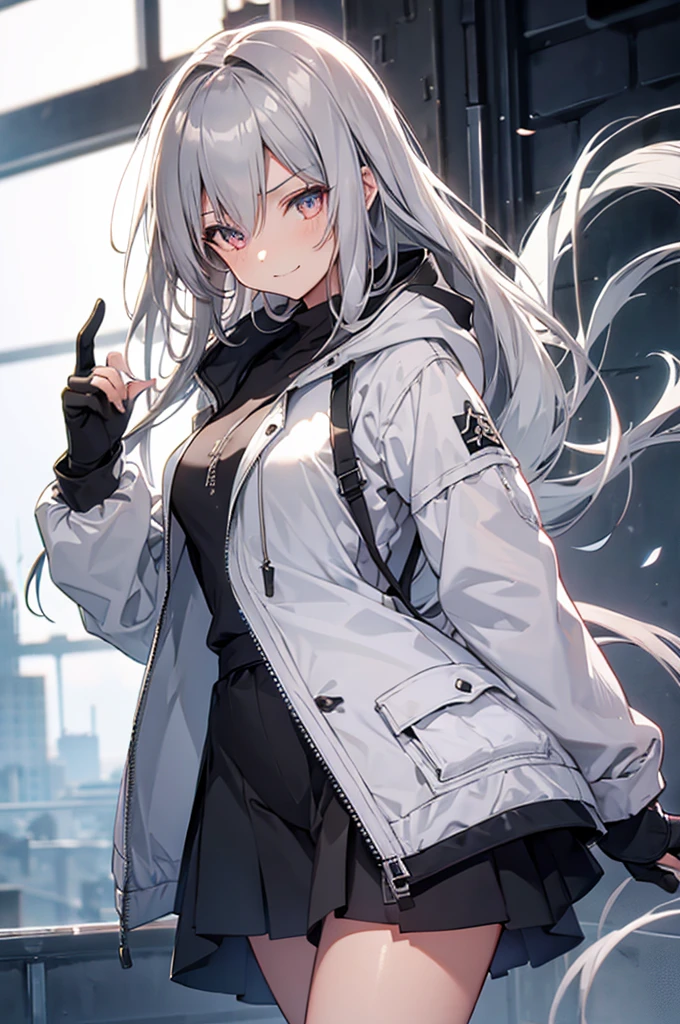 1girl, solo, looking at viewer, concept art, simple background, silver gradient hair, complex cloth, asymmetrical clothes, virtual youtuber, best quality, masterpiece, dynamic angle, guilty gear, cowboy_shot, 20 years old, smirk, beautiful and delicate golden eyes, teeth, medium_breasts, white skin, coat, hoodie, black_shorts, grey Clothes, transparent_background, backlighting, absurdres, highres, ultra detailed,