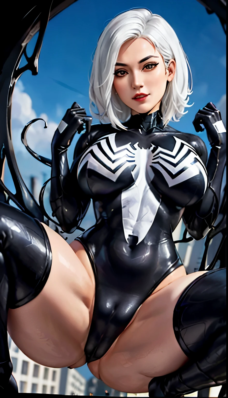 4K，realisticlying，Glamorous，The  very detailed，There  a girl in Dingcheng，White hair，Wearing a black Spider-Man costume，（Black and white：1.4） the night,symbiote，venomize，a large amount of mucus,she  a spiderman，Black superhero theme，In front of the sky，Flushed complexion，( Open legs， camel-toe，， Vulvar shape：1.3）,(GGCameltoe:1.3)Legs apart，25 age old，full bodyesbian