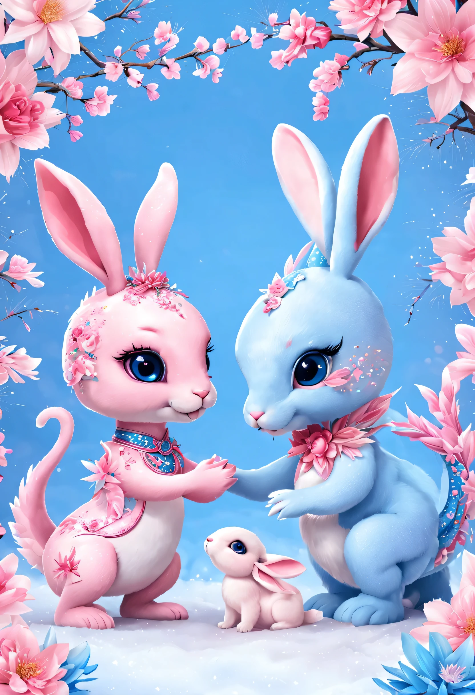 （2024 new year poster design），Pink and blue as main colors， (Cute and playful blue zodiac dragon shaking hands with pink rabbit）,Wearing beautiful makeup，Long eyelashes，a happy new year，（2024）， a happy new year，fresh flowers，