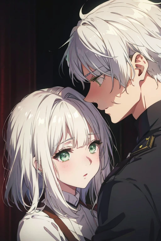 A silver haired young woman with green eyes is kissing a white haired man with silver eyes
