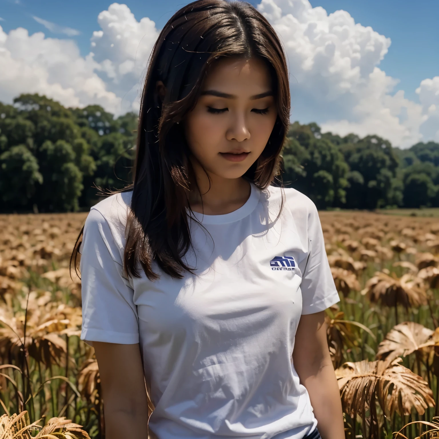 Photo Realistic, pretty girl, from Indonesia, upscale, wear white shirt written "FINA" on it, background in a field rice, weather is bright, clouds, birds, resolution 8K