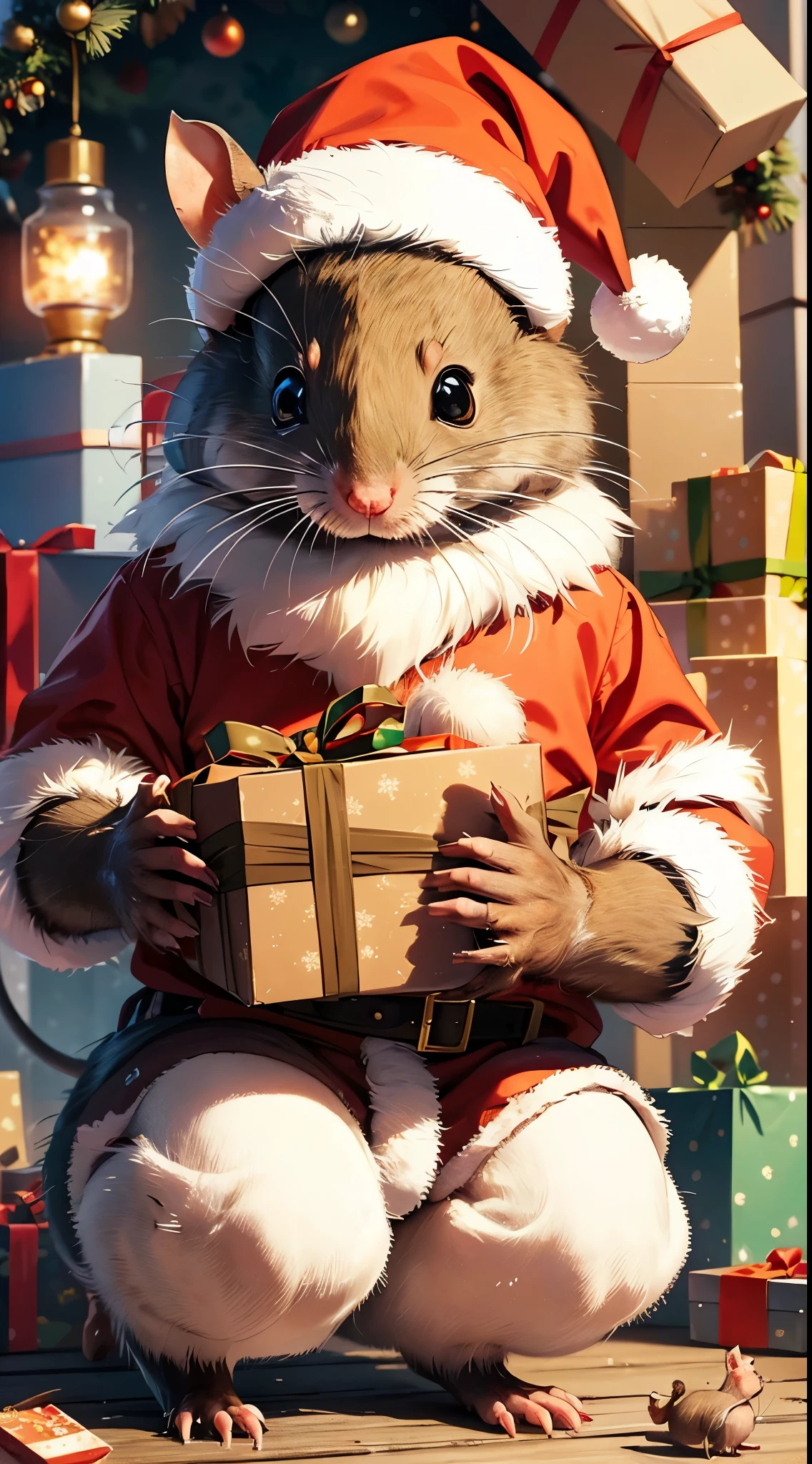 masterpiece, in the center of image, detailed image, image of rat, cute rat, cute animal rat, happy new year, santa hat, santa costume, party, ((detailed rat)), (rat), (rat paws:1), holding (Christmas gifts:0.8)