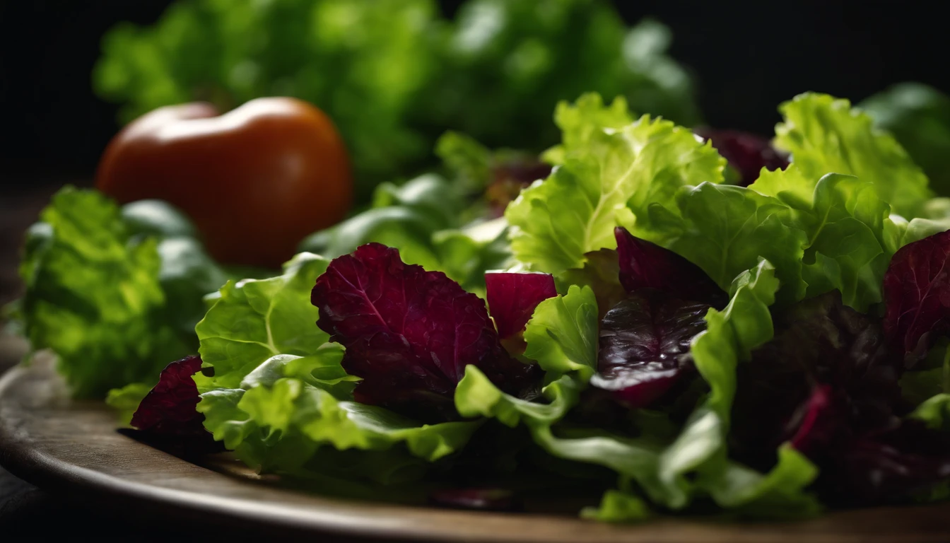 a high-resolution shot of a salad made with various types of lettuce, highlighting the different textures, colors, and shapes of the leaves